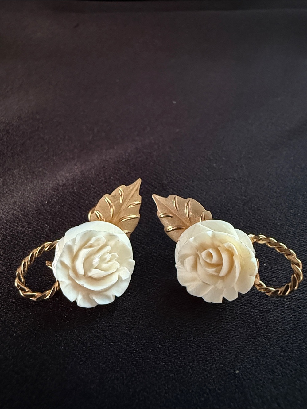 14k Gold filled Leaf & Cream Rose Clip-On Earrings - Elegant Women’s Jewelry